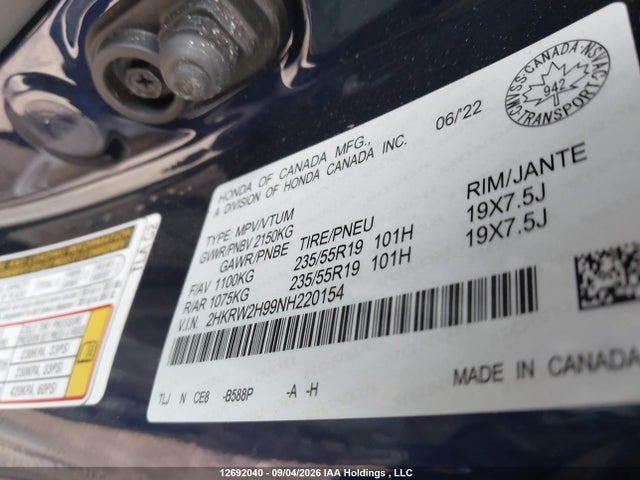 2HKRW2H99NH220154 Honda Cr-v Black Edition/touring