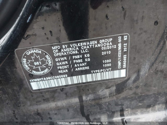 Aukcja sprzedaży 2012 Volkswagen Passat 2.5l Comfortline, vin: 1VWBH7A36CC060593, numer aukcji: 12692044