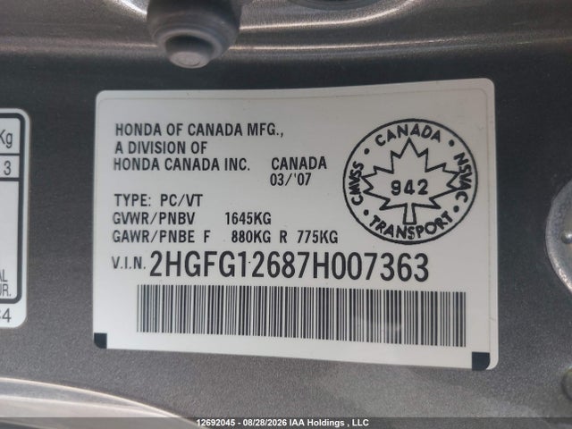 2007 Honda Civic Lx მანქანა იყიდება აუქციონზე, vin: 2HGFG12687H007363, აუქციონის ნომერი: 12692045