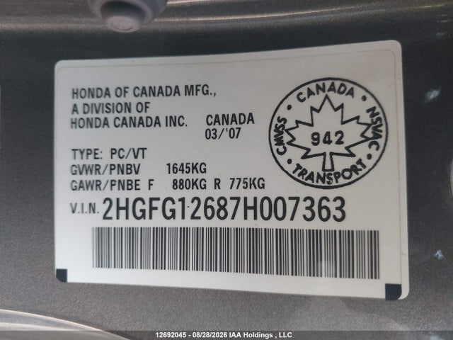2007 Honda Civic Lx მანქანა იყიდება აუქციონზე, vin: 2HGFG12687H007363, აუქციონის ნომერი: 12692045