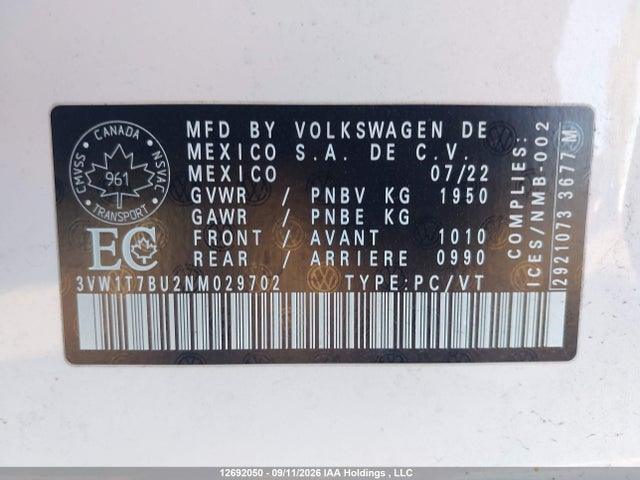 2022 Volkswagen Jetta Gli Autobahn მანქანა იყიდება აუქციონზე, vin: 3VW1T7BU2NM029702, აუქციონის ნომერი: 12692050
