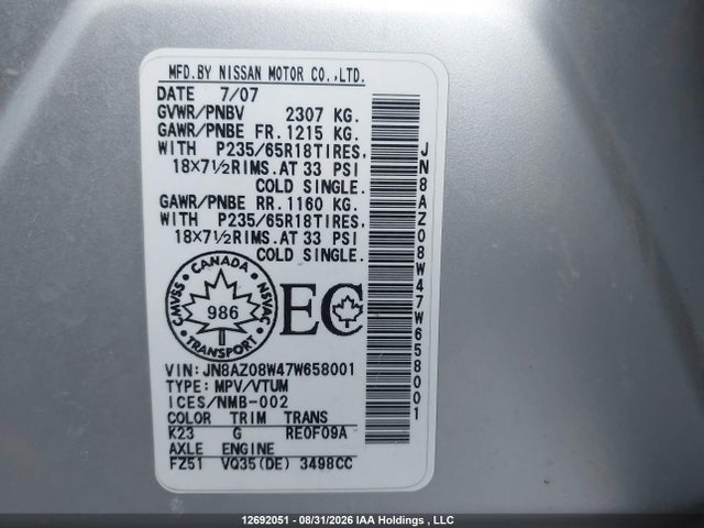 2007 Nissan Murano Se მანქანა იყიდება აუქციონზე, vin: JN8AZ08W47W658001, აუქციონის ნომერი: 12692051