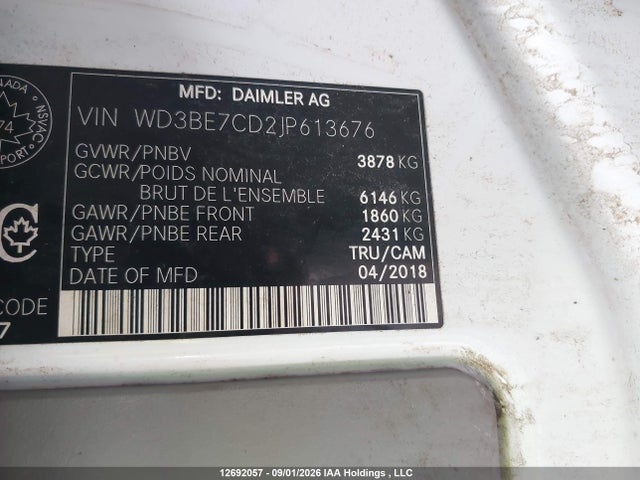 Продаж на аукціоні авто 2018 Mercedes-benz Sprinter 2500 Standard Roof V6, vin: WD3BE7CD2JP613676, номер лоту: 12692057