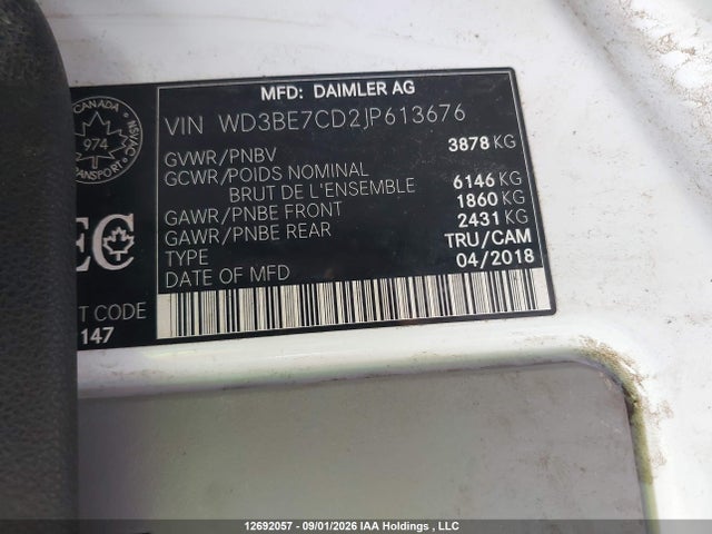 Продаж на аукціоні авто 2018 Mercedes-benz Sprinter 2500 Standard Roof V6, vin: WD3BE7CD2JP613676, номер лоту: 12692057