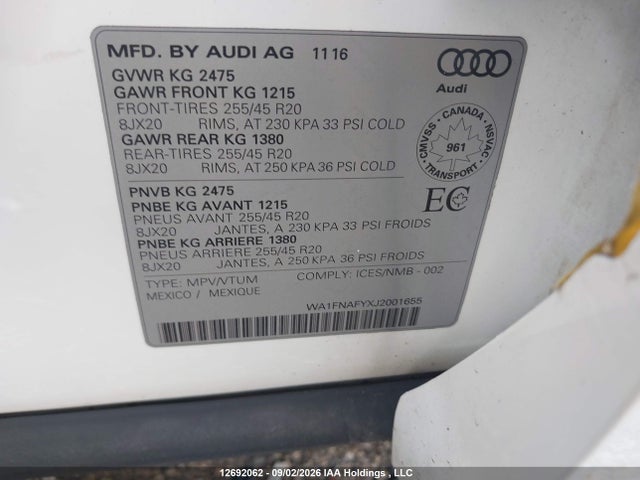 Aukcja sprzedaży 2018 Audi Q5 Technik S-line, vin: WA1FNAFYXJ2001655, numer aukcji: 12692062
