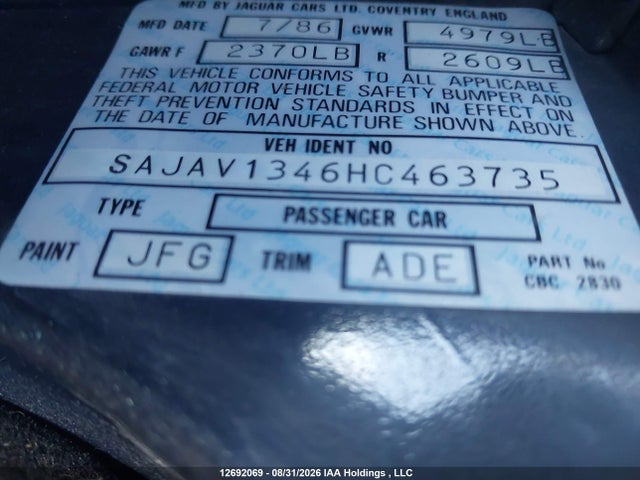 12692069 :رقم المزاد ، SAJAV1346HC463735 vin ، 1987 Jaguar Xj6 مزاد بيع