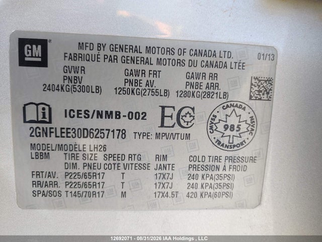 Продаж на аукціоні авто 2013 Chevrolet Equinox 1lt, vin: 2GNFLEE30D6257178, номер лоту: 12692071