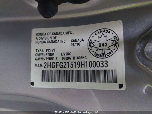 Aukcja sprzedaży 2009 Honda Civic Si Si, vin: 2HGFG21519H100033, numer aukcji: 12692083