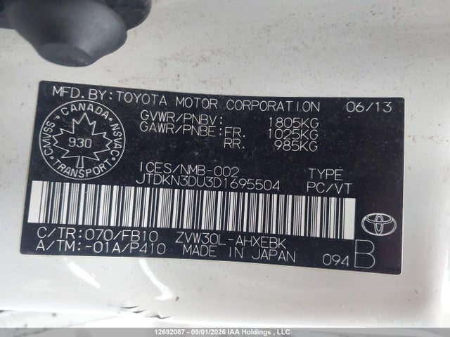 12692087 :رقم المزاد ، JTDKN3DU3D1695504 vin ، 2013 Toyota Prius مزاد بيع