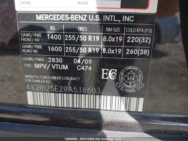 Aukcja sprzedaży 2009 Mercedes-benz Ml 320 Bluetec 4matic, vin: 4JGBB25E29A518603, numer aukcji: 12692088