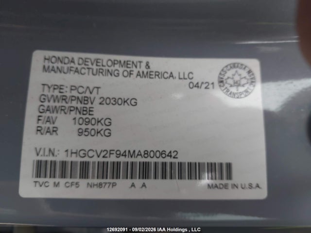 2021 Honda Accord Touring 2.0t მანქანა იყიდება აუქციონზე, vin: 1HGCV2F94MA800642, აუქციონის ნომერი: 12692091