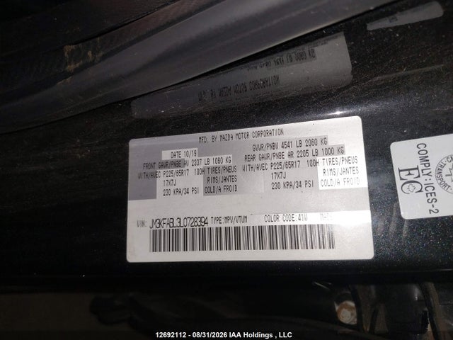 12692112 :رقم المزاد ، JM3KFABL3L0728394 vin ، 2020 Mazda Cx-5 مزاد بيع
