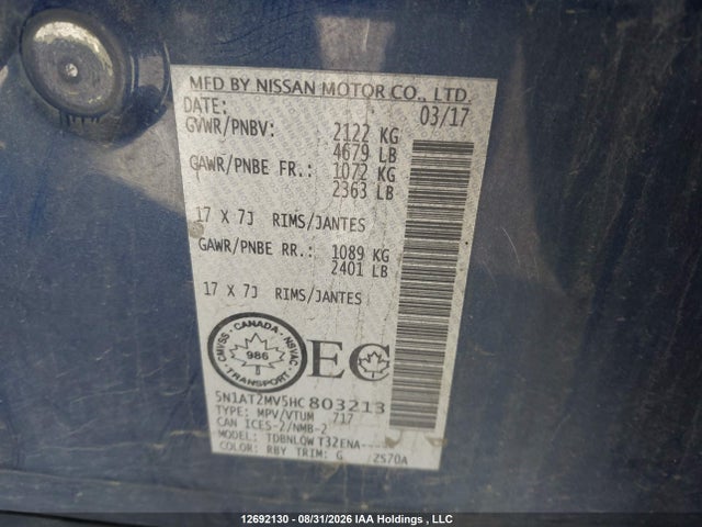 5N1AT2MV5HC803213 Nissan Rogue S/sl Platinum/sv