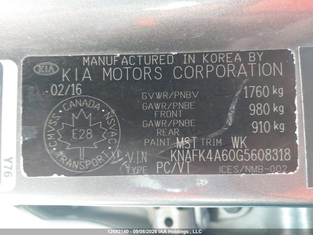 2016 Kia Forte 1.8l Lx/1.8l Lx+ მანქანა იყიდება აუქციონზე, vin: KNAFK4A60G5608318, აუქციონის ნომერი: 12692140