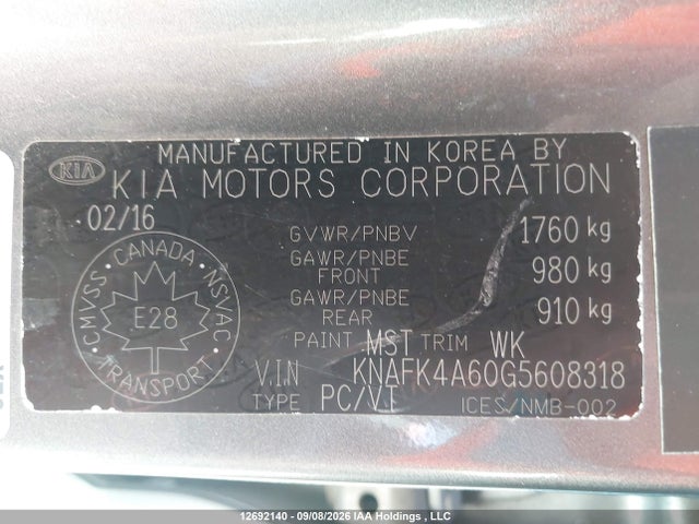 2016 Kia Forte 1.8l Lx/1.8l Lx+ მანქანა იყიდება აუქციონზე, vin: KNAFK4A60G5608318, აუქციონის ნომერი: 12692140