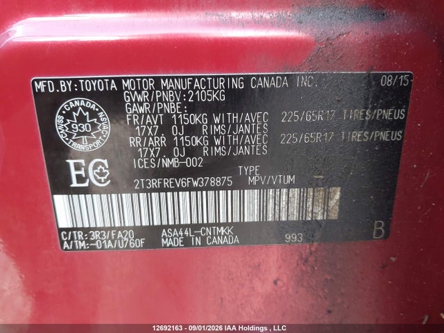 Toyota Rav4 Xle 2015 2T3RFREV6FW378875 Image 9