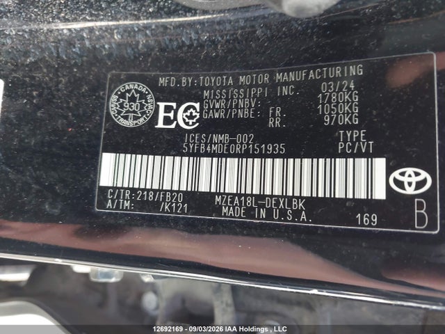 12692169 :رقم المزاد ، 5YFB4MDE0RP151935 vin ، 2024 Toyota Corolla Le مزاد بيع