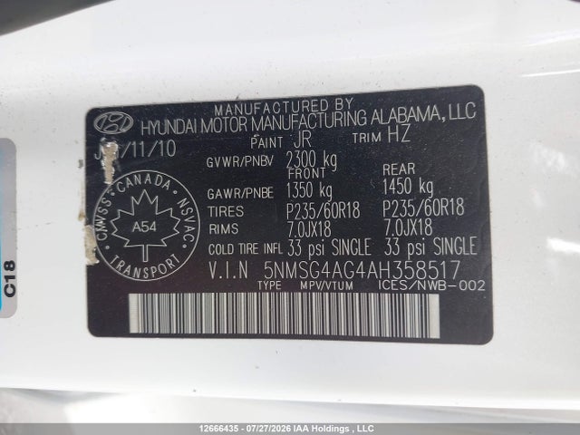 2010 Hyundai Santa Fe Gls მანქანა იყიდება აუქციონზე, vin: 5NMSG4AG4AH358517, აუქციონის ნომერი: 12666435
