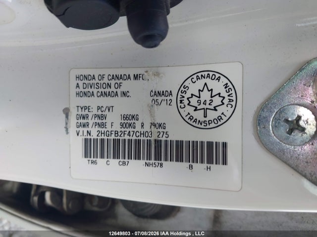 Aukcja sprzedaży 2012 Honda Civic Lx, vin: 2HGFB2F47CH039275, numer aukcji: 12649803