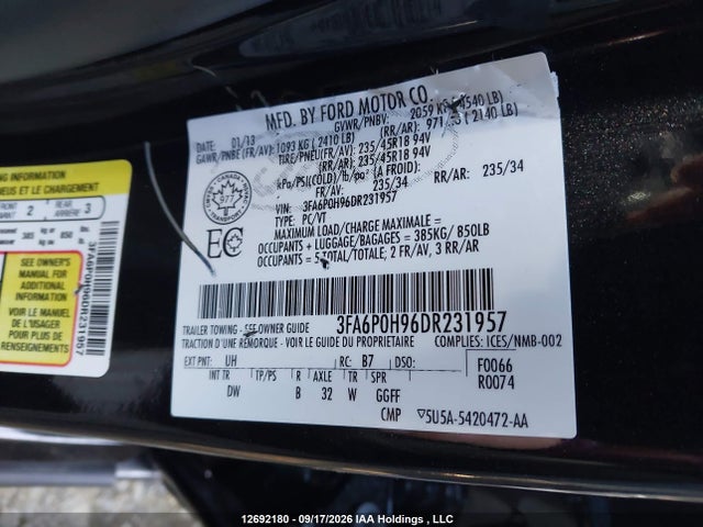 Продаж на аукціоні авто 2013 Ford Fusion Se, vin: 3FA6P0H96DR231957, номер лоту: 12692180