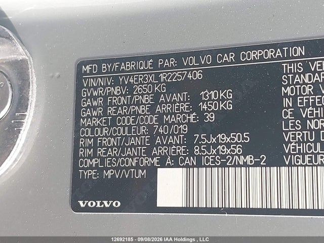 YV4ER3XL1R2257406 Volvo Xc40 Recharge Pure Electric Twin Plus