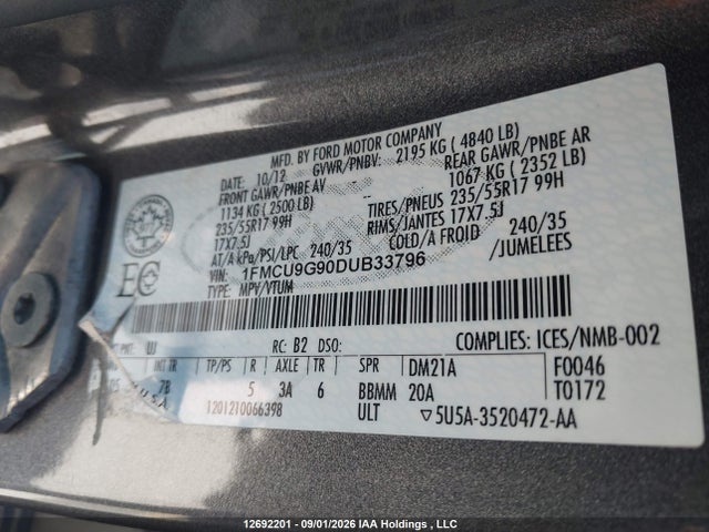 2013 Ford Escape Se მანქანა იყიდება აუქციონზე, vin: 1FMCU9G90DUB33796, აუქციონის ნომერი: 12692201