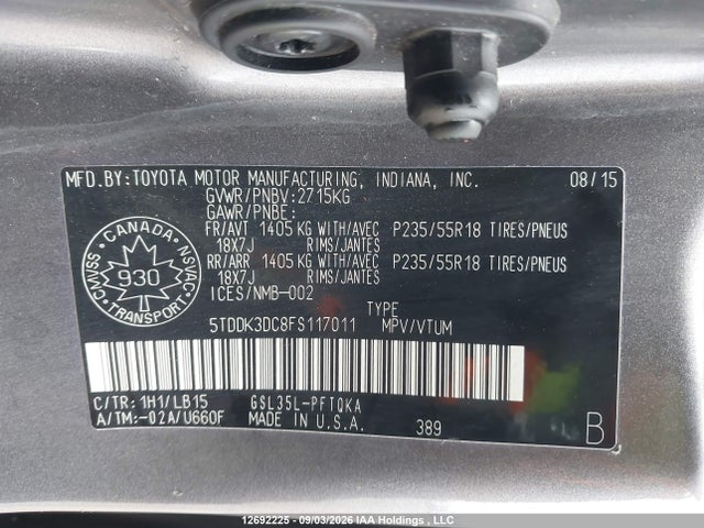 12692225 :رقم المزاد ، 5TDDK3DC8FS117011 vin ، 2015 Toyota Sienna Xle/limited مزاد بيع