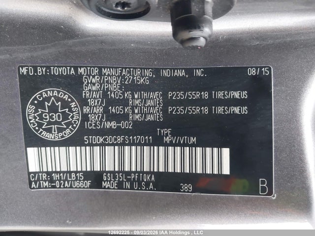12692225 :رقم المزاد ، 5TDDK3DC8FS117011 vin ، 2015 Toyota Sienna Xle/limited مزاد بيع
