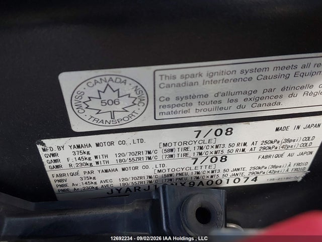 Aukcja sprzedaży 2009 Yamaha Yzfr6, vin: JYARJ16NX9A001074, numer aukcji: 12692234