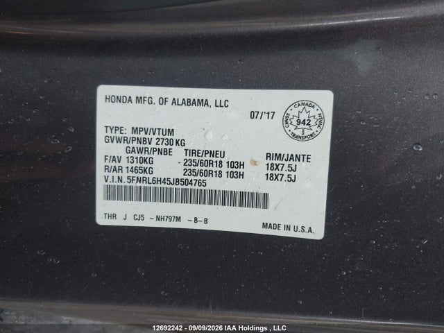 Honda ODYSSEY EX 2018 5FNRL6H45JB504765 Image 9