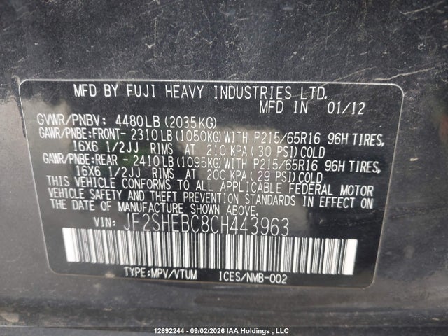 Продаж на аукціоні авто 2012 Subaru Forester 2.5x/2.5x Convenience Package, vin: JF2SHEBC8CH443963, номер лоту: 12692244