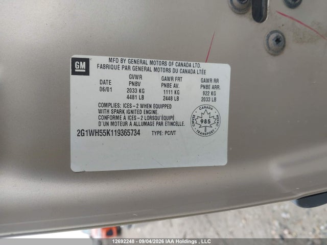 Aukcja sprzedaży 2001 Chevrolet Impala Ls, vin: 2G1WH55K119365734, numer aukcji: 12692248
