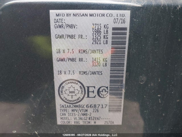 5N1AR2MM8GC668717 Nissan Pathfinder Platinum/s/sl/sv