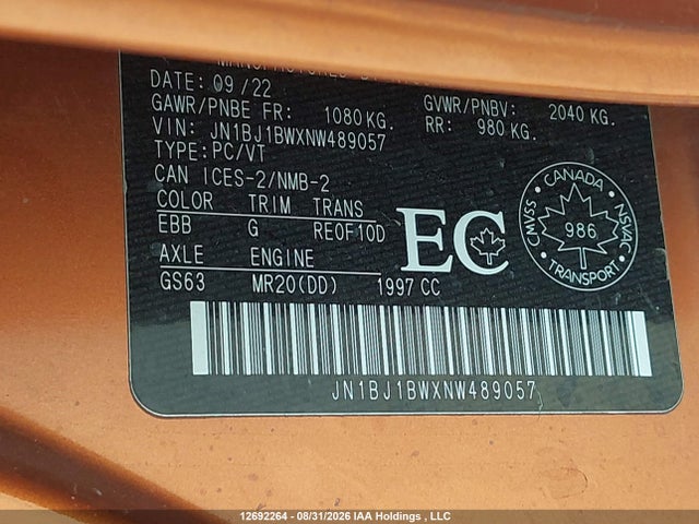 Aukcja sprzedaży 2022 Nissan Rogue Sport Sv, vin: JN1BJ1BWXNW489057, numer aukcji: 12692264