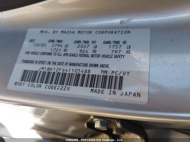 Aukcja sprzedaży 2004 Mazda Mazda3 Gs, vin: JM1BK12F641105488, numer aukcji: 12692266