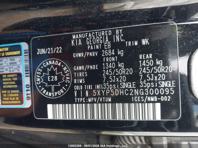 2022 Kia Telluride Nightsky/sx/sx Limited მანქანა იყიდება აუქციონზე, vin: 5XYP5DHC2NG300095, აუქციონის ნომერი: 12692269