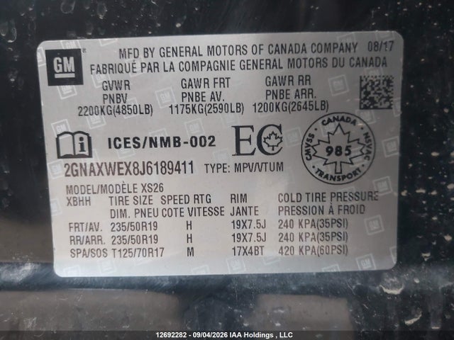 2018 Chevrolet Equinox Premier მანქანა იყიდება აუქციონზე, vin: 2GNAXWEX8J6189411, აუქციონის ნომერი: 12692282