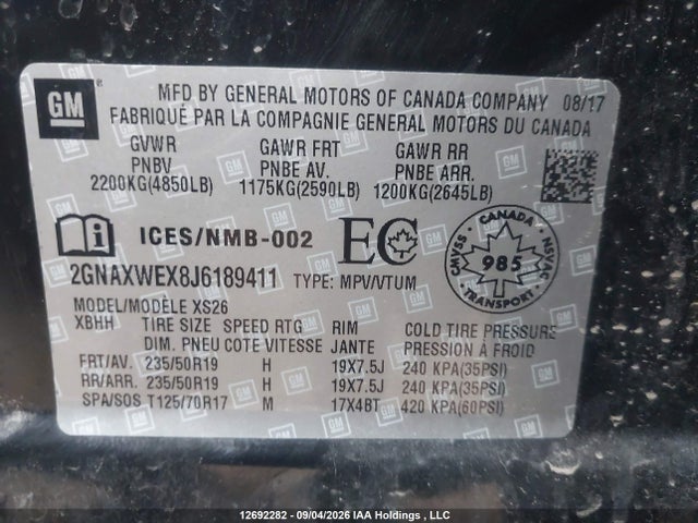2018 Chevrolet Equinox Premier მანქანა იყიდება აუქციონზე, vin: 2GNAXWEX8J6189411, აუქციონის ნომერი: 12692282