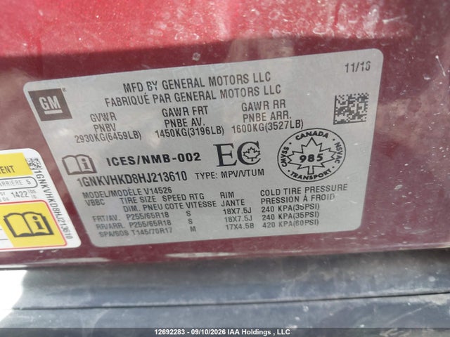 Chevrolet Traverse Lt 2017 1GNKVHKD8HJ213610 Image 9