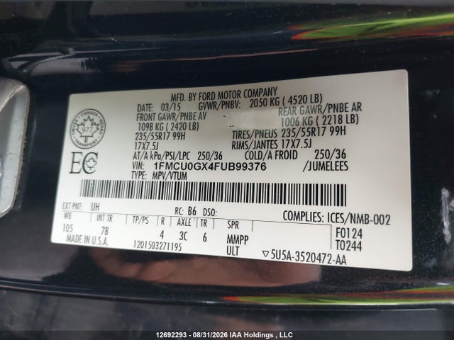 Ford ESCAPE SE 2015 1FMCU0GX4FUB99376 Image 9