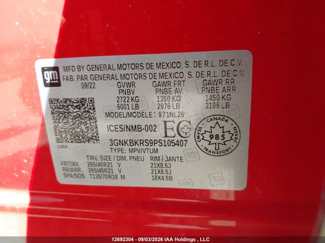 3GNKBKRS9PS105407 Chevrolet Blazer