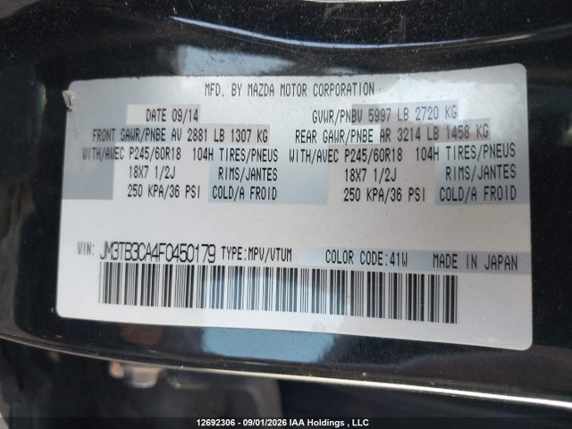 Продажа на аукционе авто 2015 Mazda Cx-9 Gs, vin: JM3TB3CA4F0450179, номер лота: 12692306