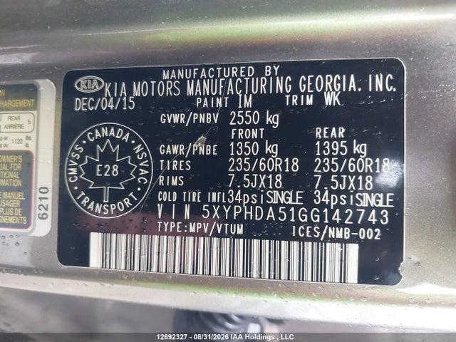 KIA SORENTO EX 2016 5XYPHDA51GG142743 Image 9
