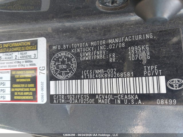 2009 Toyota Camry Se/le/xle მანქანა იყიდება აუქციონზე, vin: 4T1BE46K89U268581, აუქციონის ნომერი: 12686298