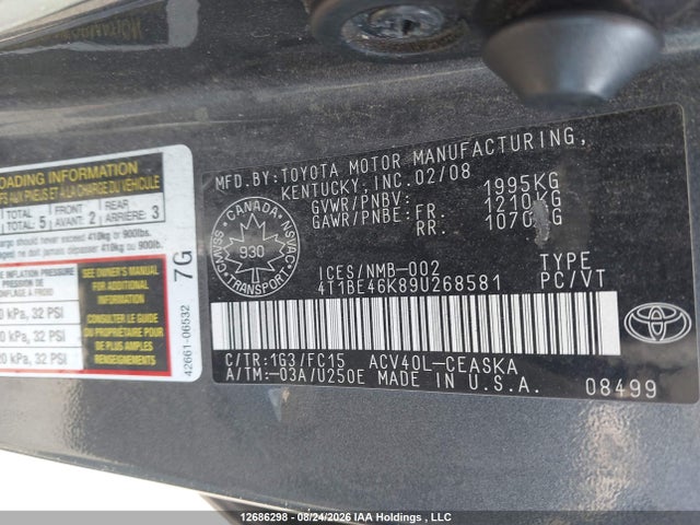2009 Toyota Camry Se/le/xle მანქანა იყიდება აუქციონზე, vin: 4T1BE46K89U268581, აუქციონის ნომერი: 12686298