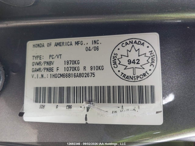 2006 Honda Accord Ex მანქანა იყიდება აუქციონზე, vin: 1HGCM66816A802675, აუქციონის ნომერი: 12692346