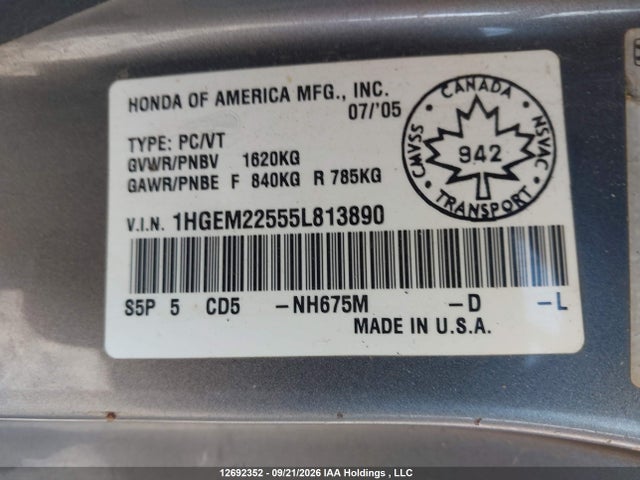 2005 Honda Civic Lx მანქანა იყიდება აუქციონზე, vin: 1HGEM22555L813890, აუქციონის ნომერი: 12692352