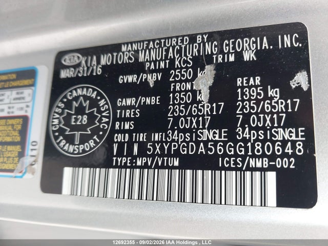 5XYPGDA56GG180648 KIA Sorento 3.3l Lx +