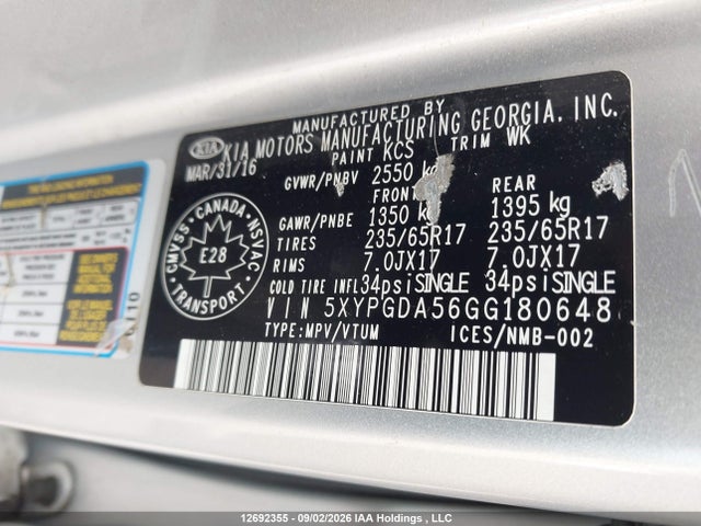 5XYPGDA56GG180648 KIA Sorento 3.3l Lx +