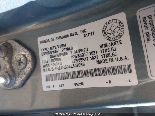 12692365 :رقم المزاد ، 5J6RE4H30BL809069 vin ، 2011 Honda Cr-v Lx مزاد بيع